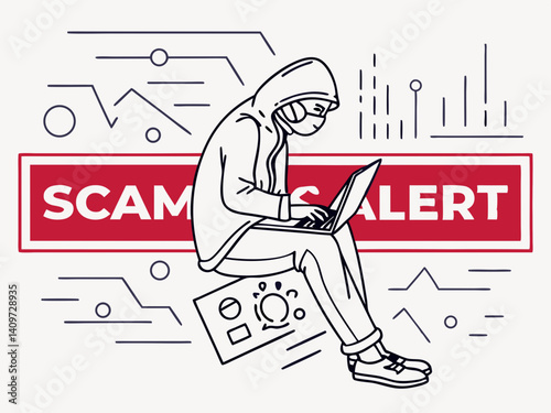 Hacker in Hood with Laptop – Line Art Cybersecurity Vector