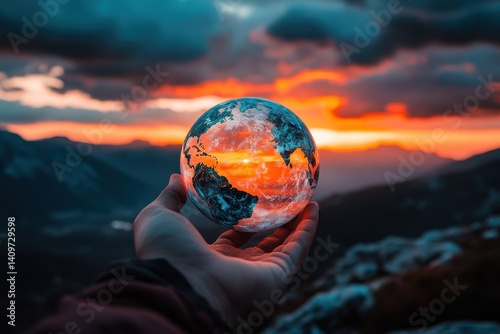 Hand Holding a Globe Against a Stunning Sunset Over Mountains