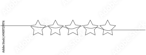 Five stars drawn in one continuous line. This simple linear style represents rating service, A continuous outline of five stars. Single line editable 5 star icon.