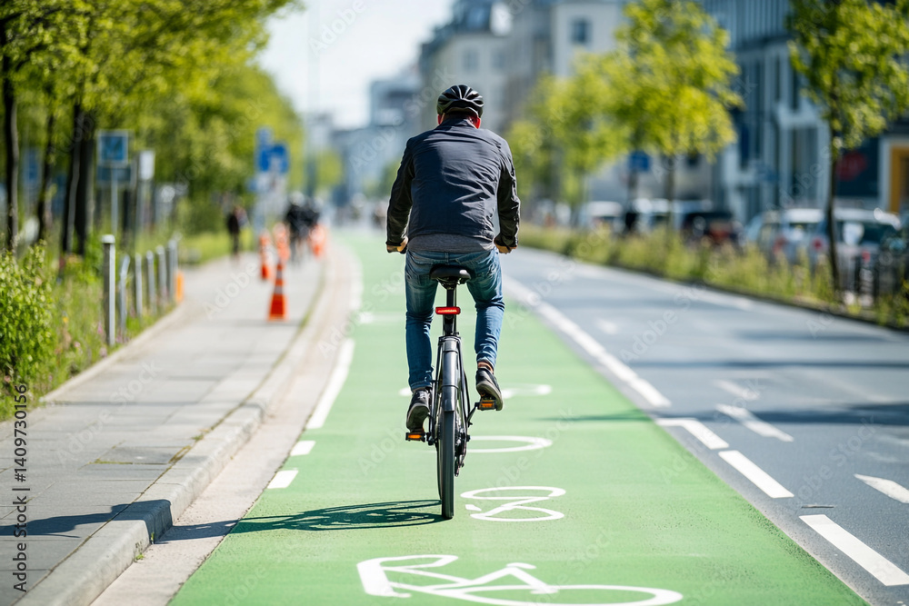 Obraz premium Cyclist enjoying a sunny bike ride on a dedicated path feeling free and peaceful
