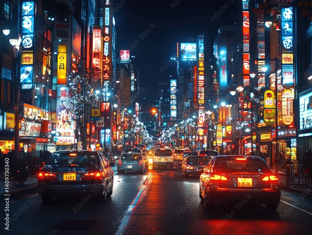 Fototapeta premium City street at night with bright neon lights and cars driving.