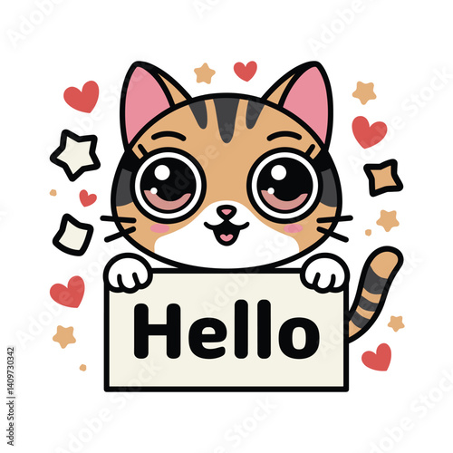 A delightful cartoon cat extends a warm welcome, holding a sign amidst hearts and stars in a charming scene.
