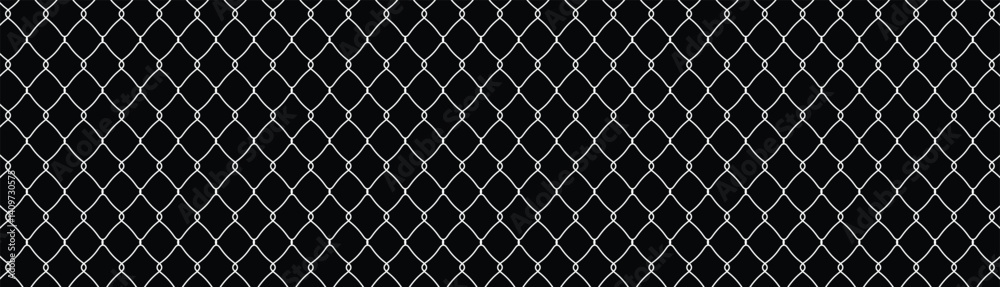 Minimalist repeating chain-link fence pattern in white on black. Symmetrical diamond grid design, flat vector illustration. Seamless geometric backdrop for technical, neutral themes. Minimalist repeating chain-link fence pattern in white on black. Symmetrical diamond grid design, flat vector illustration. Seamless geometric backdrop for technical, neutral themes.