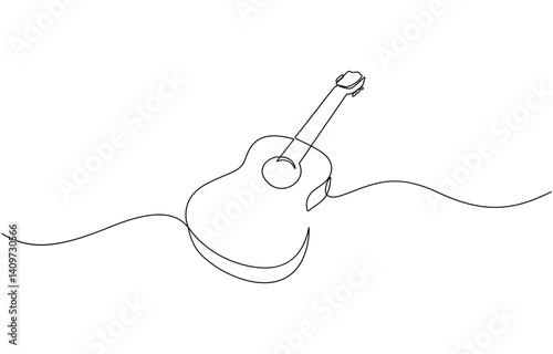 A simple continuous line drawing of a guitar. The artwork is minimalistic, One continuous single line of classic guitar isolated on white background.