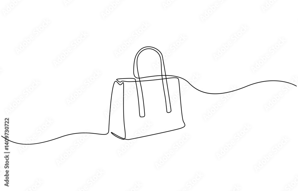 Fototapeta premium Elegant fashion woman leather handbag in sketch style Continuous One Line Drawing, Continuous one line drawing of women's hand bag. Lady's bag single line art vector illustration. Editable vector.
