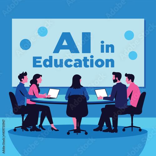 A diverse group of professionals in a meeting about using AI in education, collaborating and strategizing.