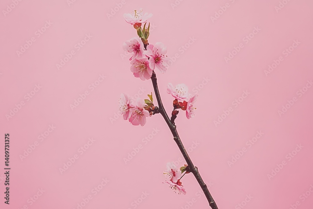 Delicate pink blossoms on a single branch against a pastel background. Delicate pink blossoms on a single branch against a pastel background.