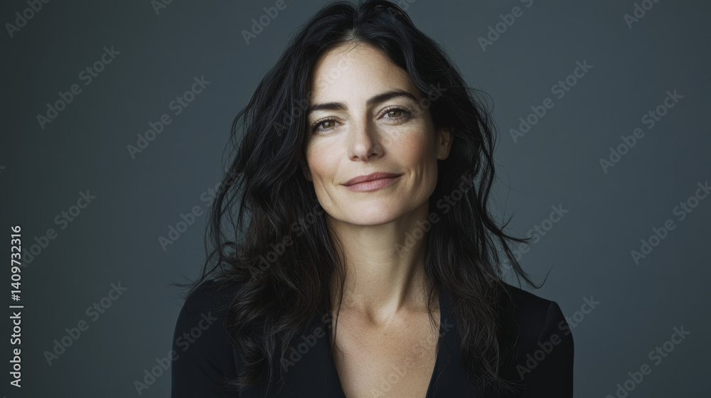 Stylish mature woman portrait, minimalist studio shot with clean monochromatic background