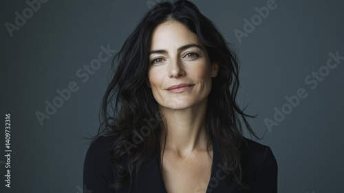 Stylish mature woman portrait, minimalist studio shot with clean monochromatic background