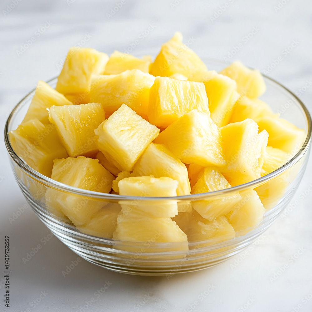 Juicy pineapple chunks in a clear glass bowl on a light background Juicy pineapple chunks in a clear glass bowl on a light background