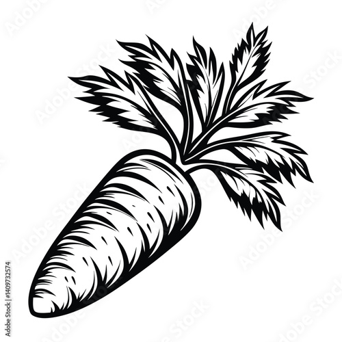 Isolated Carrot With Leaves in Black and White Outline, Detailed Vegetable Icon Design