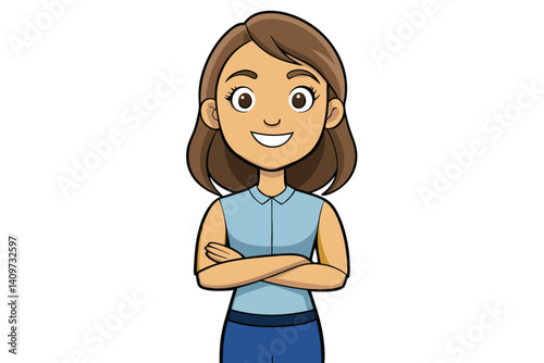 Confident Cartoon Woman Character With Arms Crossed Illustration On White Background