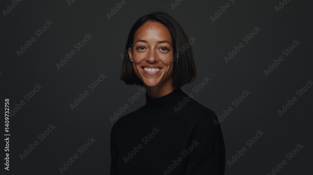 Confident middle-aged businesswoman with bob haircut, smiling openly in elegant gray-toned professional portrait.