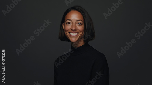 Obraz na płótnie Confident middle-aged businesswoman with bob haircut, smiling openly in elegant gray-toned professional portrait. w salonie