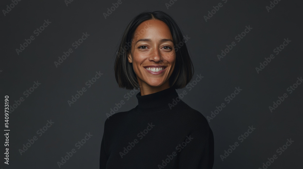 Portrait of a smiling middle-aged woman, business portrait in noble gray tones, a woman with a bob haircut, smiling happily and openly and looking into the frame