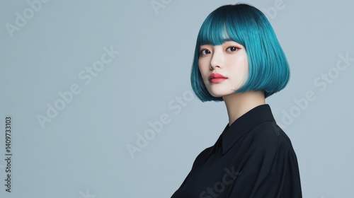 Obraz na płótnie Korean-style portrait of blue-haired Asian woman with square haircut, smiling in minimalist light setting. w salonie