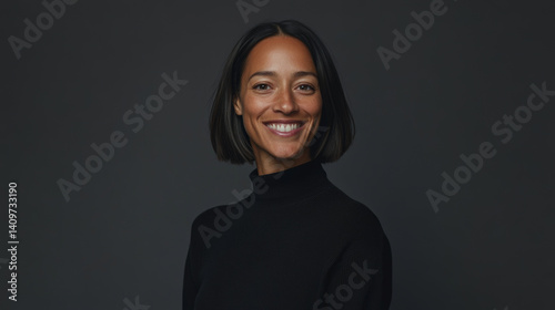 Obraz na płótnie Portrait of a smiling middle-aged woman, business portrait in noble gray tones, a woman with a bob haircut, smiling happily and openly and looking into the frame w salonie