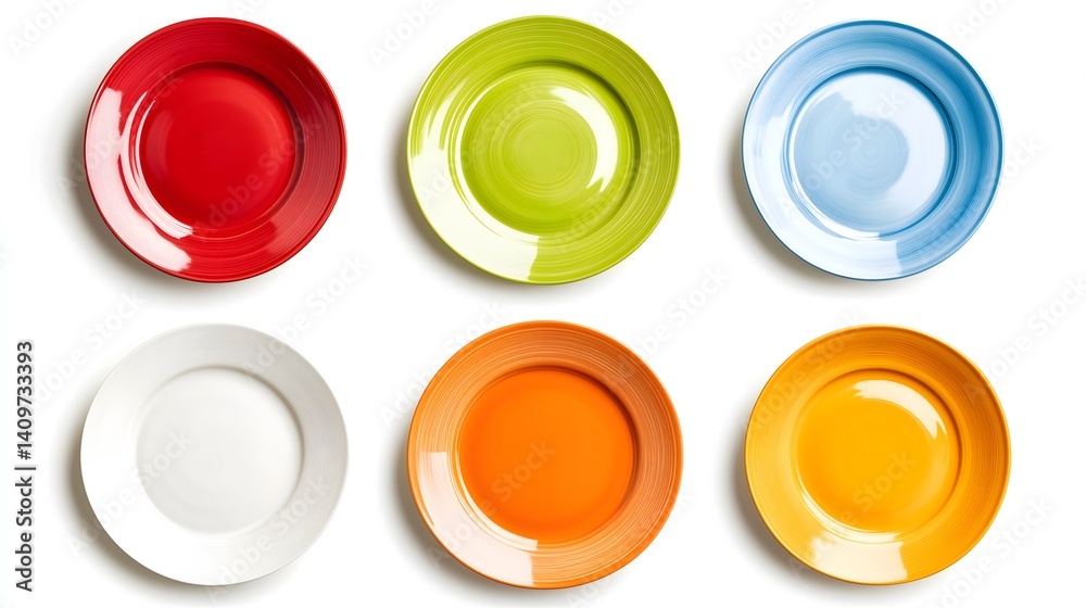 Colorful ceramic plates set arranged in two rows on white background, top view Colorful ceramic plates set arranged in two rows on white background, top view