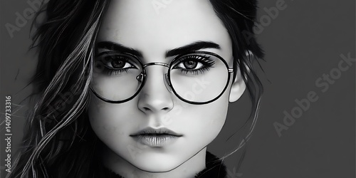 Woman in Glasses, Gray Background
