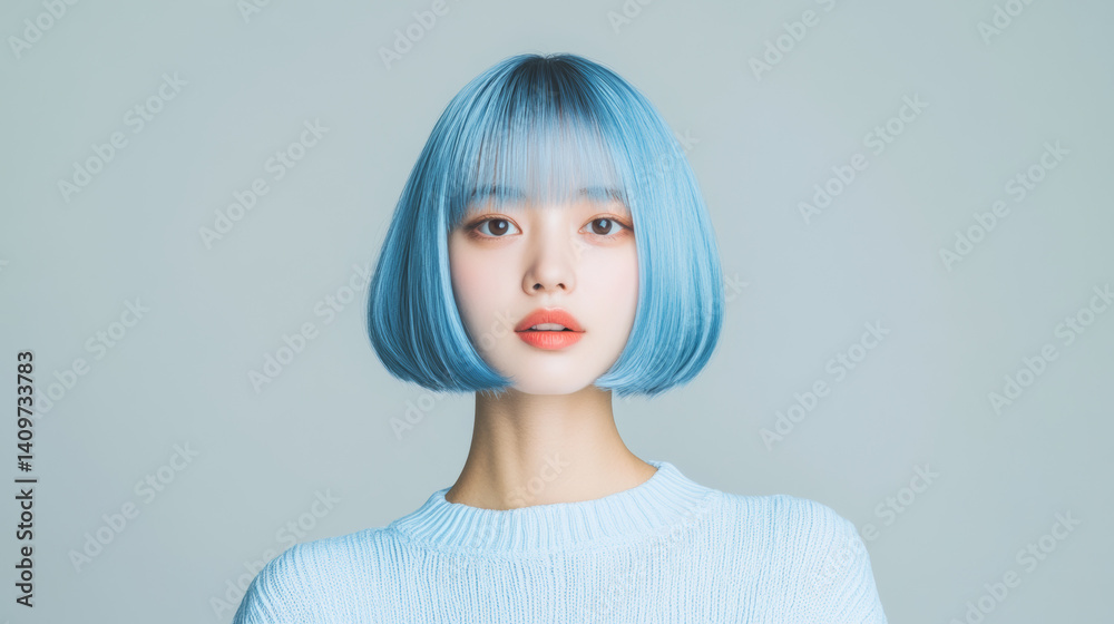 A cute Asian woman with blue hair and a square haircut, smiling and looking at the camera, a calm portrait in a minimalist style on a light background, Korean fashion and color hair coloring