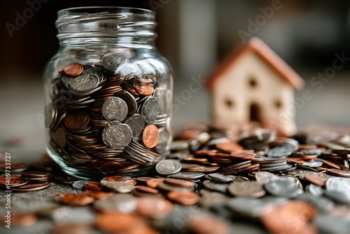 A jar filled with money, along with coins scattered around, sits near a small house.
