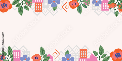 An exquisite decorative floral border with interlocking vines, neon petals, and geometric leaf accents, perfectly suited for elegant greeting cards.