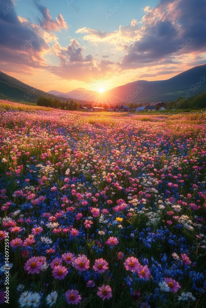 Obraz premium Flower field at sunset with mountains in the background and colorful sky.