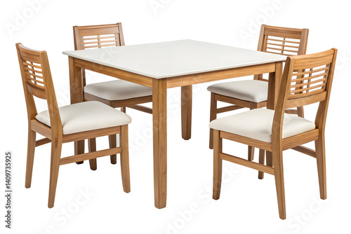 Contemporary Cafe Table with Four White and Brown Chairs and Wine Glasses.
