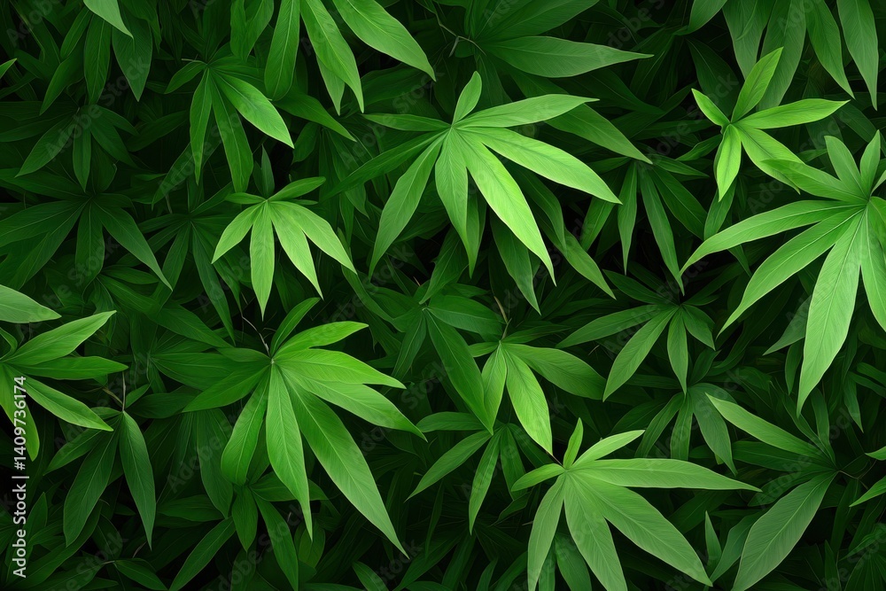 Fototapeta premium Lush green plants with dense exotic foliage space for relaxation and inspiration in a tranquil indoor environment