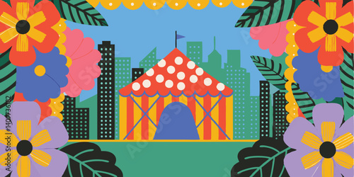 A dazzling circus floral tent with polka-dot petals, geometric vine patterns, and a ring of flowers, framed by a dotted border.