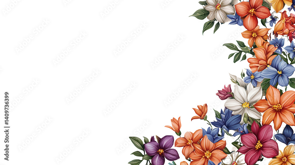 Fototapeta premium Colorful and lush floral bouquet arrangement featuring a variety of blooming flowers such as daisies tulips hibiscus and orchids set against a clean white background for a fresh and elegant aesthetic