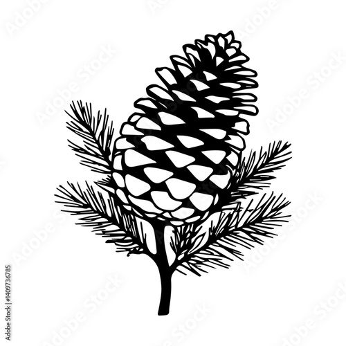 Pine cone on branch, vector illustration isolated on white or transparent background