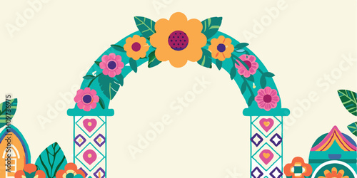 A romantic wedding floral arch with heart-shaped petals, dove-wing leaves, and a heart border.