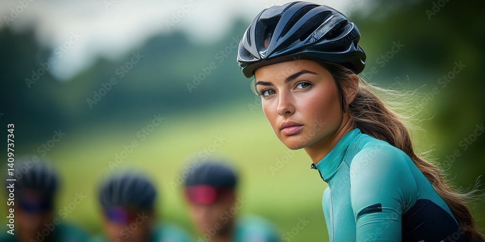A woman wearing a helmet and a green shirt is smiling