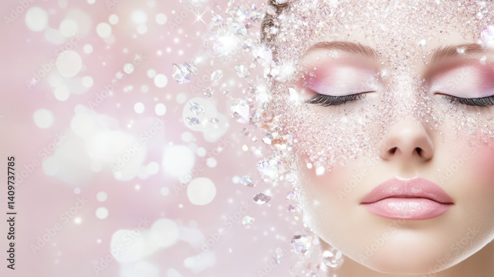 Sparkling Beauty: A close-up portrait of a woman's face adorned with shimmering glitter, exuding serenity and elegance. Her eyes are closed, suggesting peace and tranquility. Sparkling Beauty: A close-up portrait of a woman's face adorned with shimmering glitter, exuding serenity and elegance. Her eyes are closed, suggesting peace and tranquility.