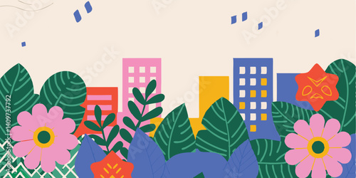 A lively music floral stage with neon note petals, rhythmic leaf patterns, and a wave border.