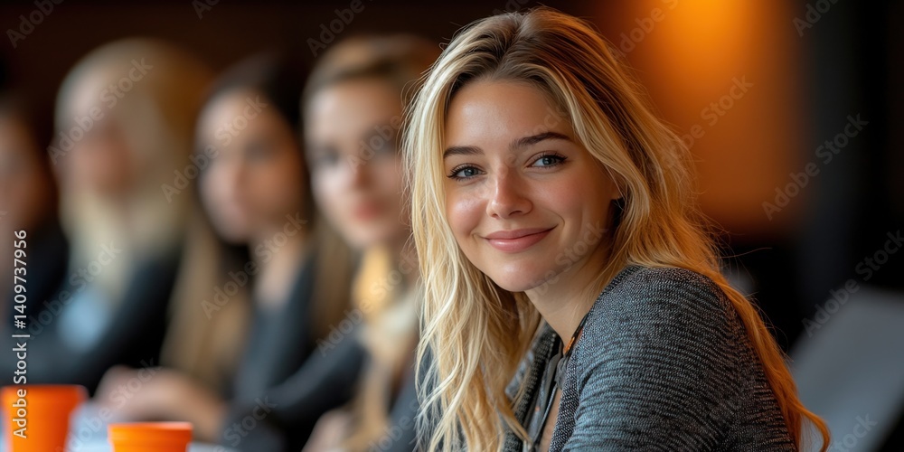 A girl with blonde hair is smiling at the camera
