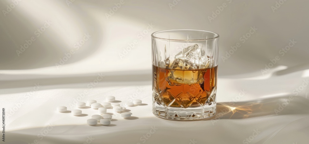 A glass of whiskey and pills on a white background, in a high resolution photographic style, as a stock photo, for commercial advertisement purposes A glass of whiskey and pills on a white background, in a high resolution photographic style, as a stock photo, for commercial advertisement purposes