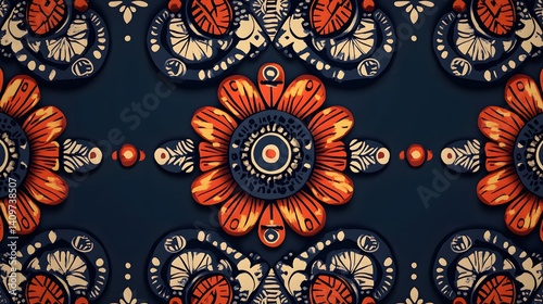 there is a blue and orange wallpaper with a flower design