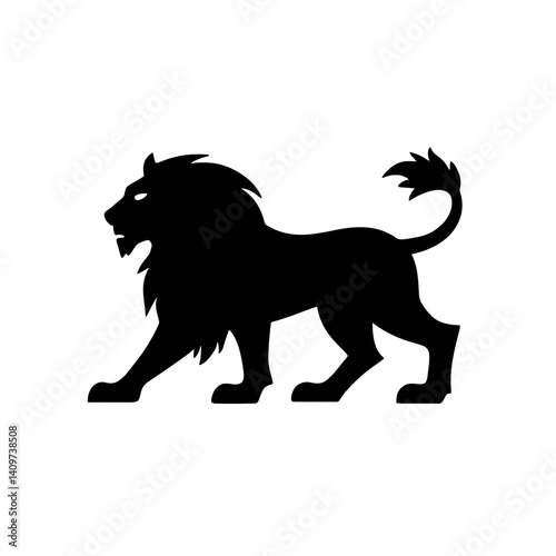 Minimalist black silhouette of a lion hieroglyph crouching symbolizing strength and vigilance