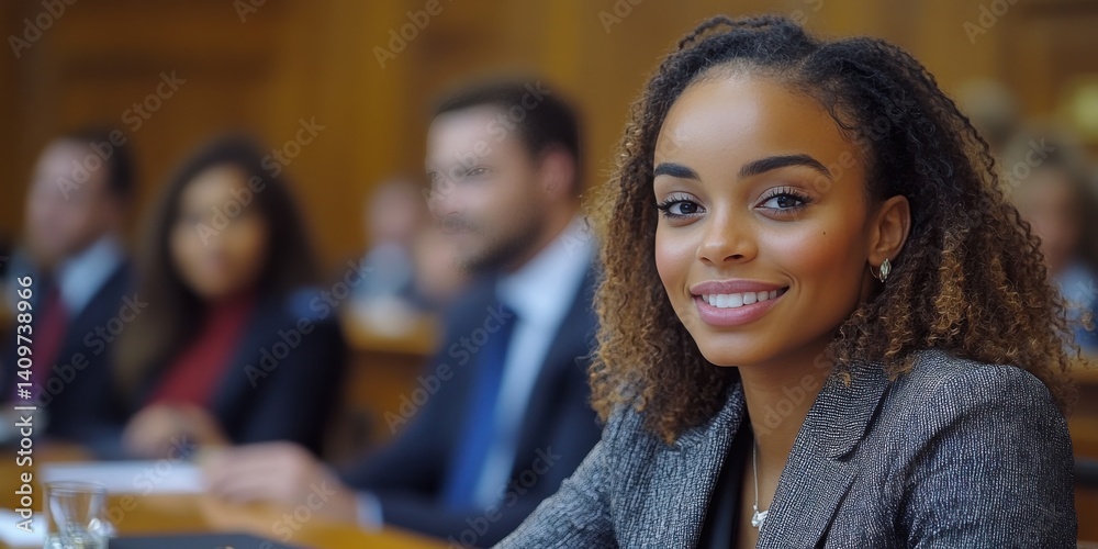 A woman with curly hair is smiling at the camera