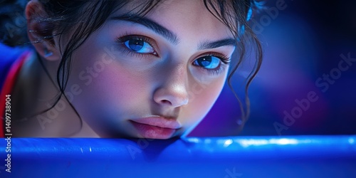 Obraz na płótnie A woman with blue eyes and red sleeves is laying on a blue surface w salonie
