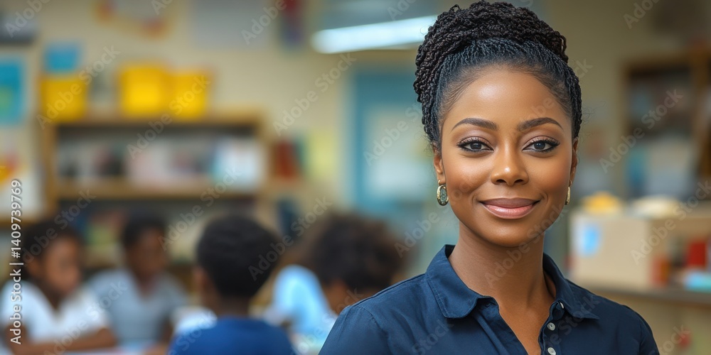 A woman with a smile on her face is standing in front of a group of children