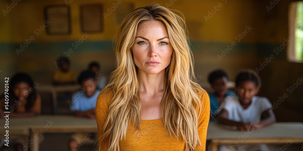 A woman is standing in front of a group of children