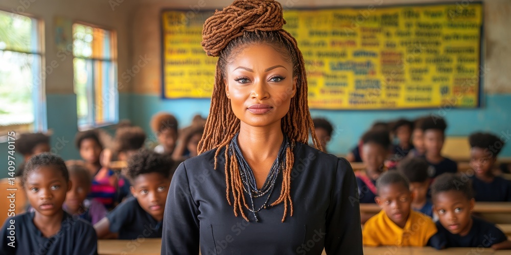 African female educator in a underfunded school, standing in a classroom with minimal resources