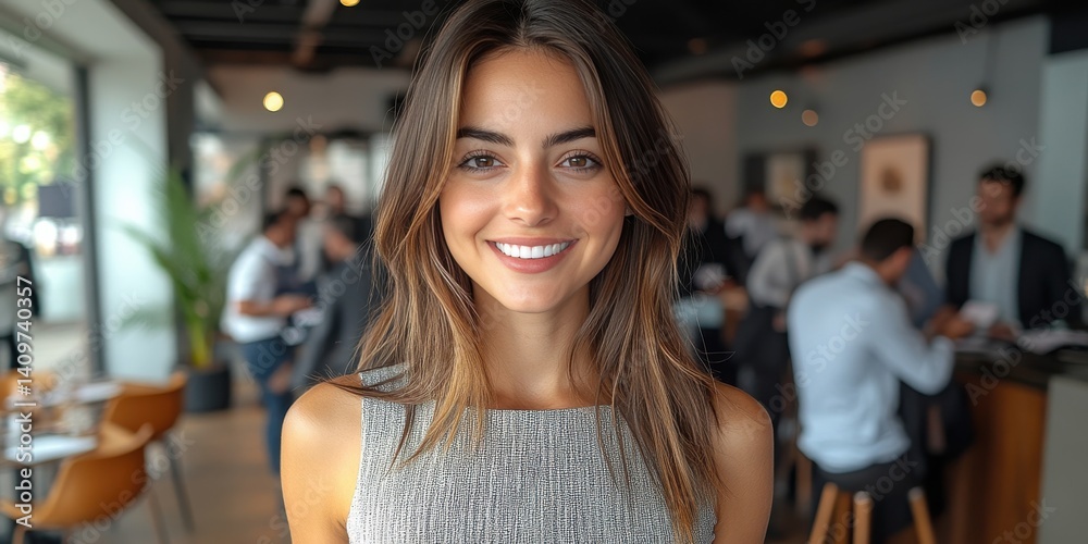 A woman is smiling in front of a crowd of people