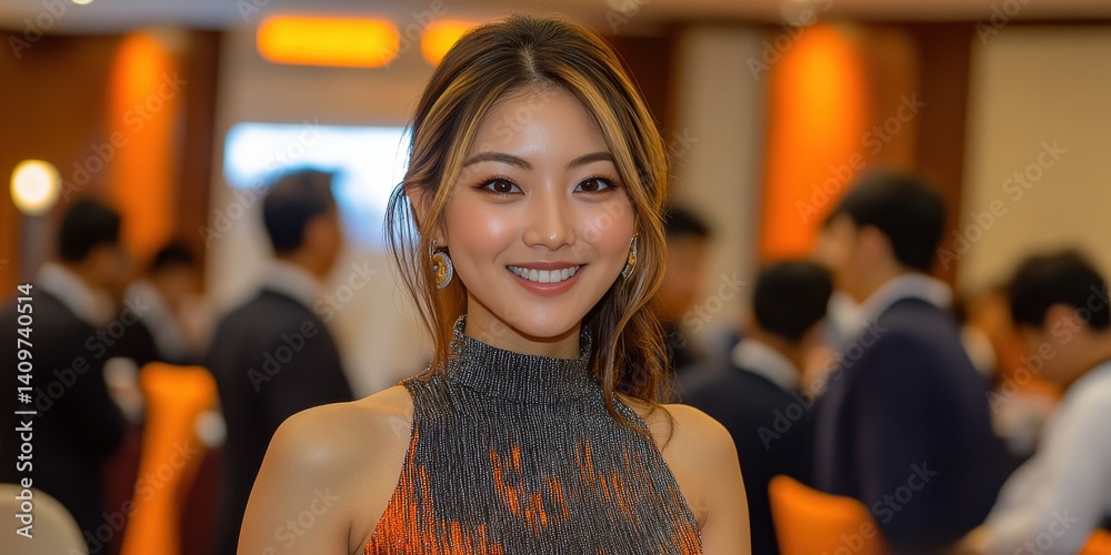 A woman is smiling in a crowded room
