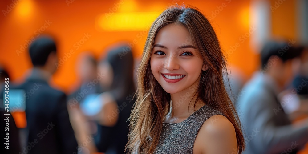 A woman with long brown hair and a smile is standing in a room with other people