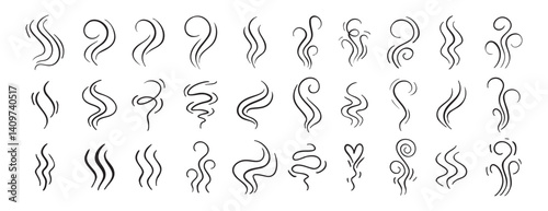 Fire steam or Line smoke doodle hand drawn set. smell waves from food or coffee and beverages sketch style.