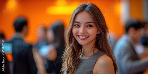 Obraz na płótnie A woman with long brown hair and a smile is standing in a room with other people w salonie